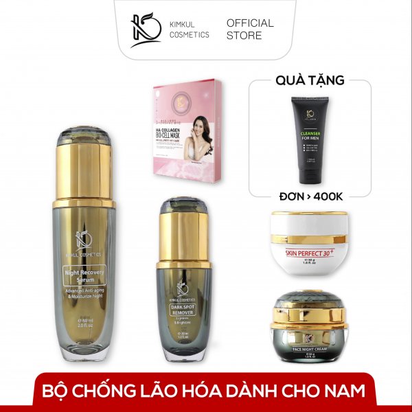  Bộ chống lão hóa dành cho Nam KimKul bao gồm : Night Recovery 60ml + Dark Spot Remover 30ml+Face Night Cream 30G+Skin Perfect 30+ 30G + Hộp 8 Mặt nạ HA Collagen Bio-Cell Mask - Màu sắc Vàng,Đen,Trắng,Hồng Size COMBO