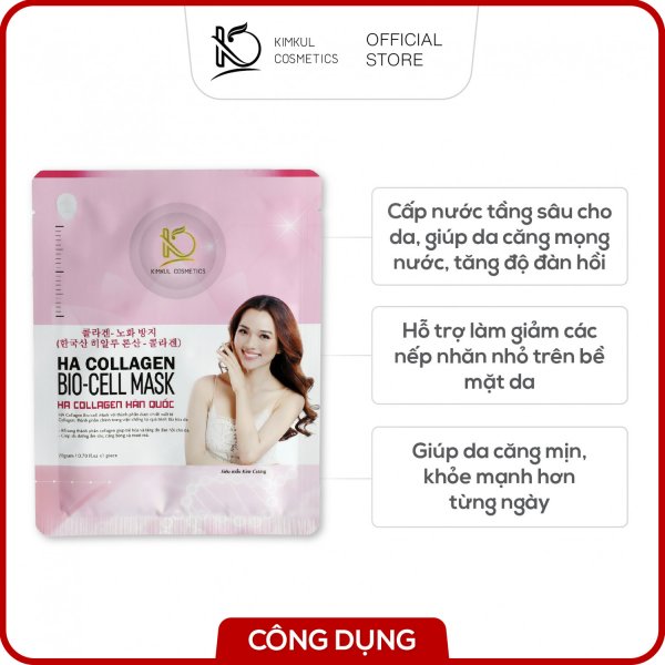 Mặt nạ Collagen Hàn Quốc KimKul HA Collagen Bio-Cell Mask - Mặt nạ Collagen chống lão hóa chuẩn Hàn Quốc dưỡng trắng, ngừa lão hóa - Màu sắc Hồng Khối lượng 1 Hộp ( 8 miếng )
