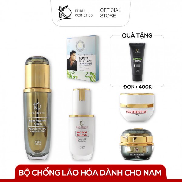  Bộ dưỡng Da - chống Lão Hóa cho Nam KimKul bao gồm : Night Recovery 60ML + Serum Pro Acne Solution 30ML + Skin Perfect 30 Plus 30G + Face Night Cream 30G + Hộp 8 mặt nạ Seaweed Bio-Cell Mask - Màu sắc Đa Sắc Size Combo